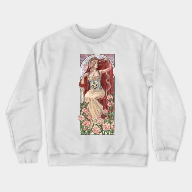 Veiled Lady of January with Pink Carnations and Snowdrop Birth Flower Corset Mucha Inspired Birthstone Series Crewneck Sweatshirt by angelasasser